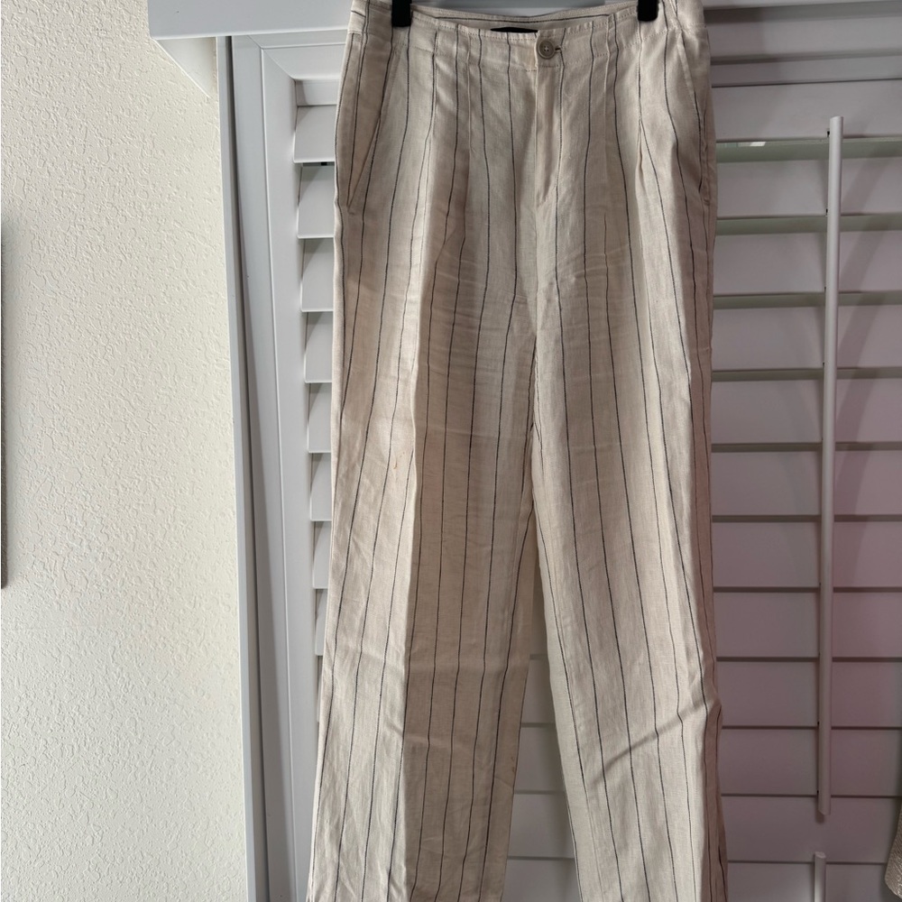 Ladies  Linen pin striped Pants in Light Beige with navy pin stripe.